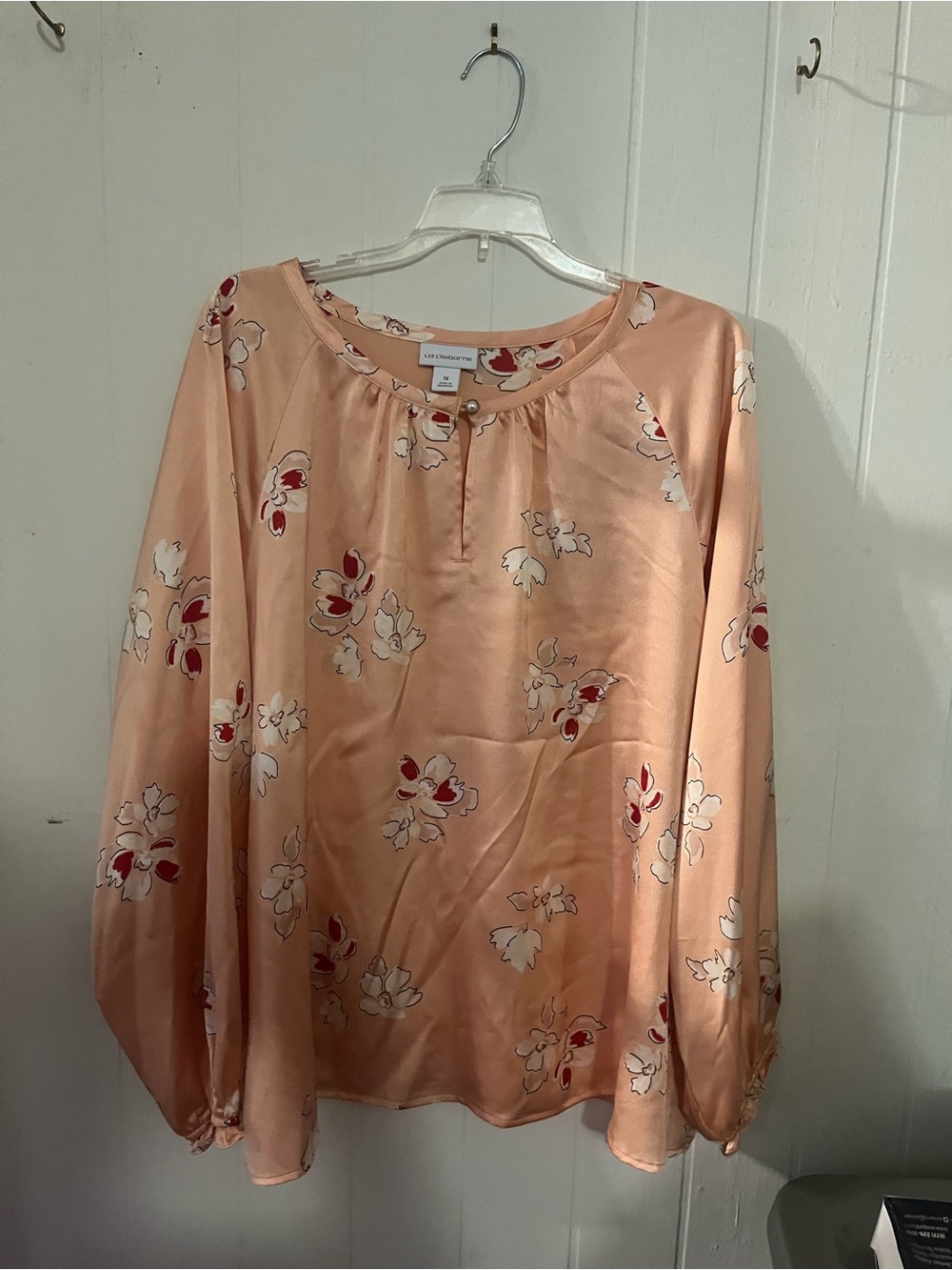 Liz Claiborne Peach Floral Satin Nightgown with Pearl Snap - Picture 2 of 3
